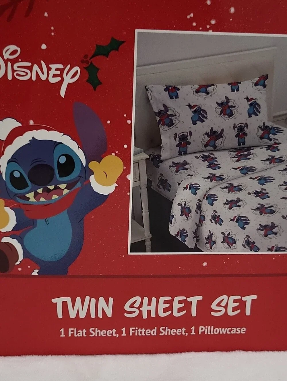 Disney Stitch Twin Sheet Set Holiday 3 Piece Set Christmas Sheets New